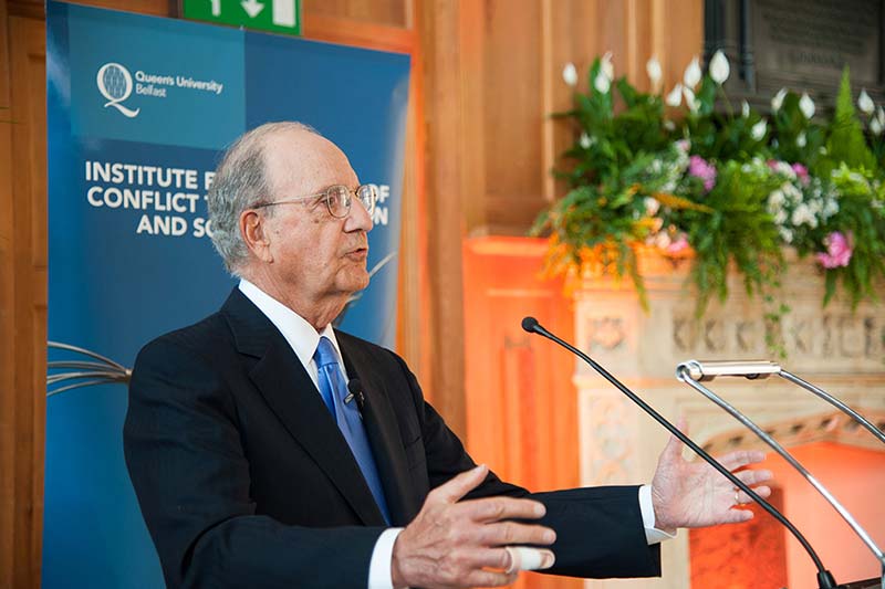 Senator George J. Mitchell giving a speech at the opening of the institute FOR GLOBAL PEACE, SECURITY AND JUSTICE