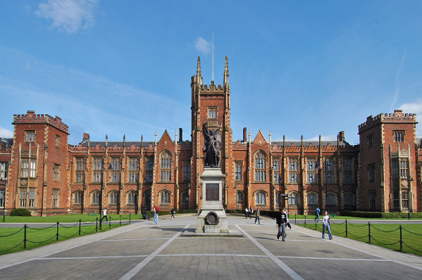 Lanyon Building with war memorial and people walking