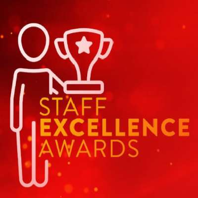 Illustration outline of a person holding a trophy above the text 'Staff Excellence Awards'