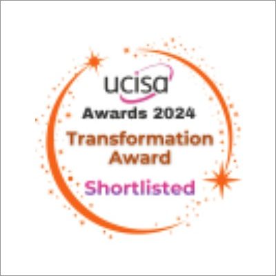Colourful digital Badge with text 'UCISA Awards 2024 - Transformation Award Shortlisted