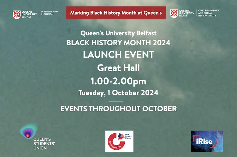 BHM2024 launch slide, with logos of QUB Diversity and Inclusion, Civic Engagement, Students