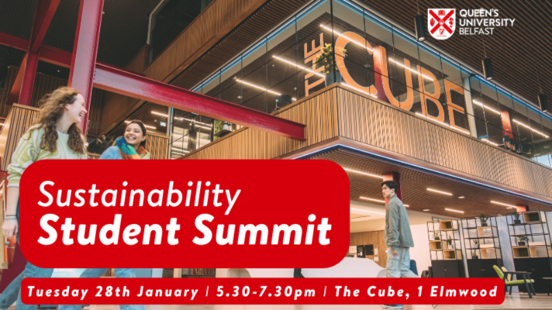 Banner promoting Sustainability student summit 2025, featuring two students walking through One Elmwood