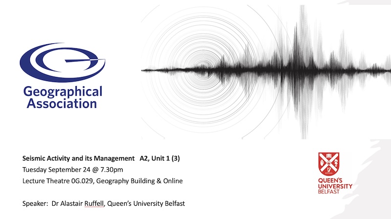 GA Title slide, Dr Alistair Ruffell on Seismic Activity, with image of seismic graph