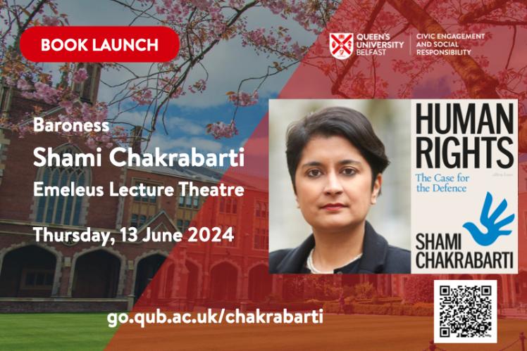Shami Chakrabarti book launch visual; author's portrait on an image of the quad with cherry blossoms.