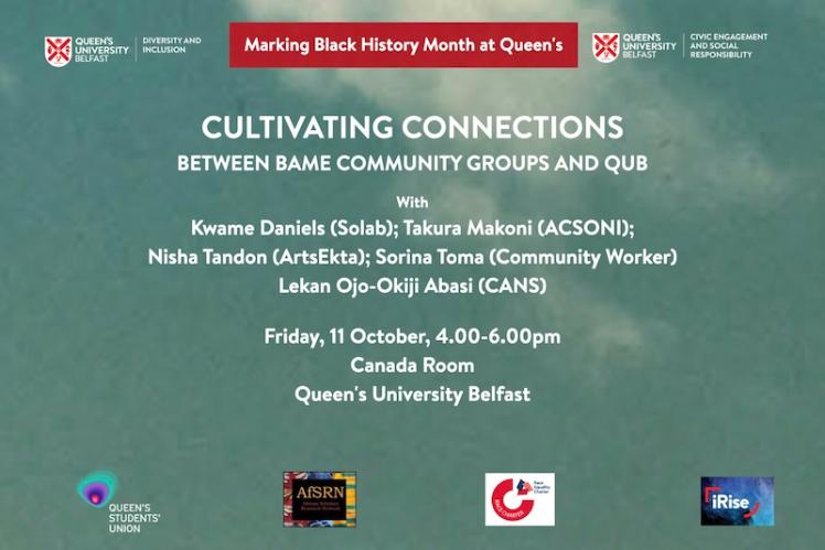 Flyer for Cultivating Connections, with details of time, place and speakers, on blue sky background