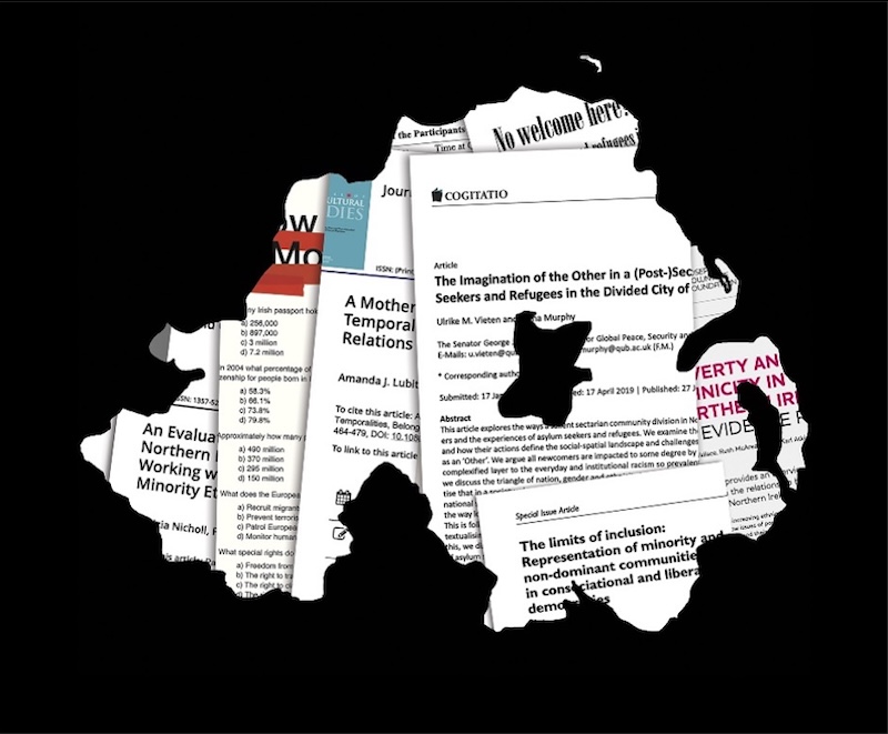 A map of Northern Ireland made up of cut-out extracts from research papers