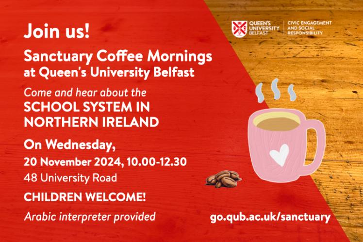 Sanctuary Coffee morning flyer, with information as in main text, with image of coffee mug and coffee beans