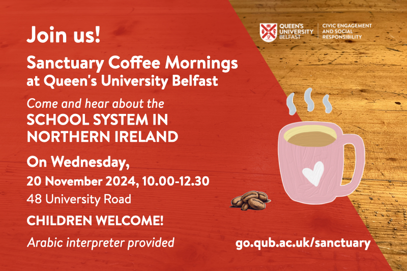 Sanctuary Coffee morning flyer, with information as in main text, with image of coffee mug and coffee beans