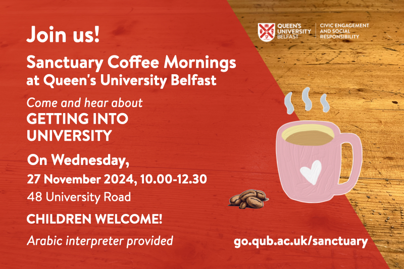 Sanctuary Coffee morning flyer, with information as in main text, with image of coffee mug and coffee beans