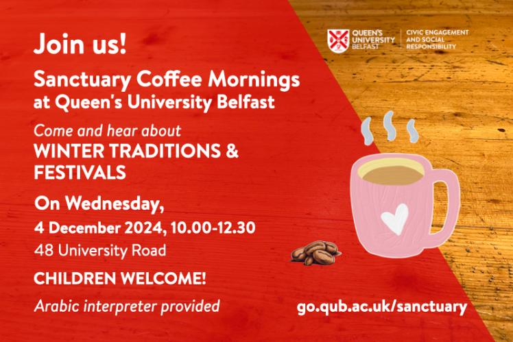 Sanctuary Coffee morning flyer, with information as in main text, with image of coffee mug and coffee beans