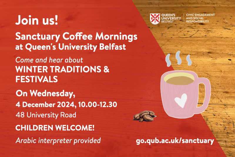 Sanctuary Coffee morning flyer, with information as in main text, with image of coffee mug and coffee beans