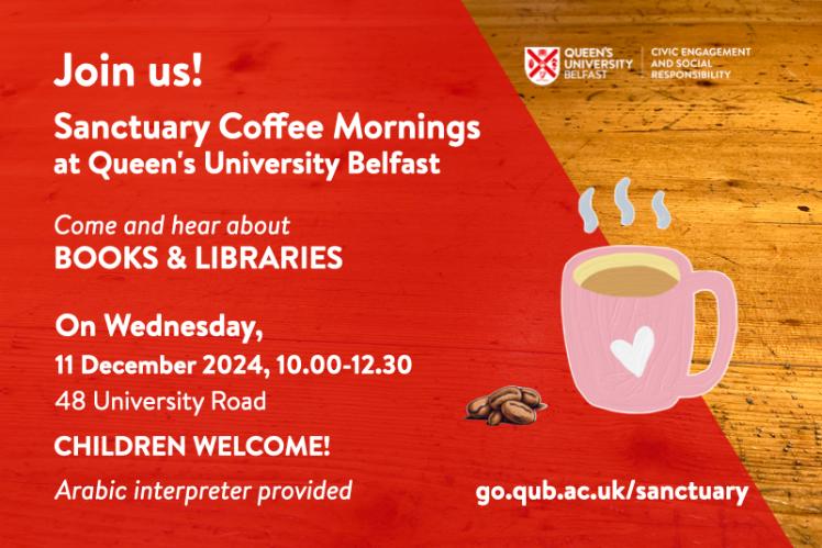 Sanctuary Coffee morning flyer, with information as in main text, with image of coffee mug and coffee beans