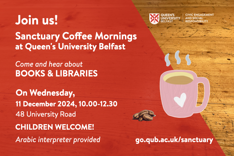 Sanctuary Coffee morning flyer, with information as in main text, with image of coffee mug and coffee beans