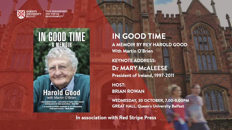 Harold Good book launch flyer, with image of the book on a background showing Queen's University