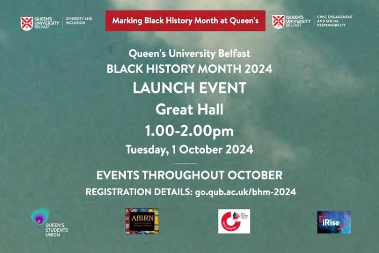 Black History Month launch slide, with logos of Students' Union, AfSRN, REC Network and iRISE