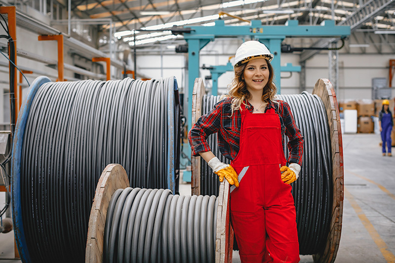 Woman in red dungarees beside a big spool