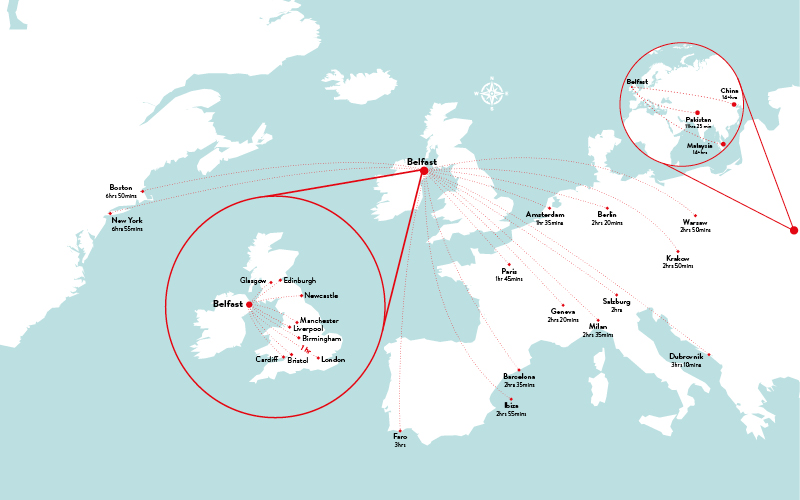 Ma of the world showing routes to Belfast
