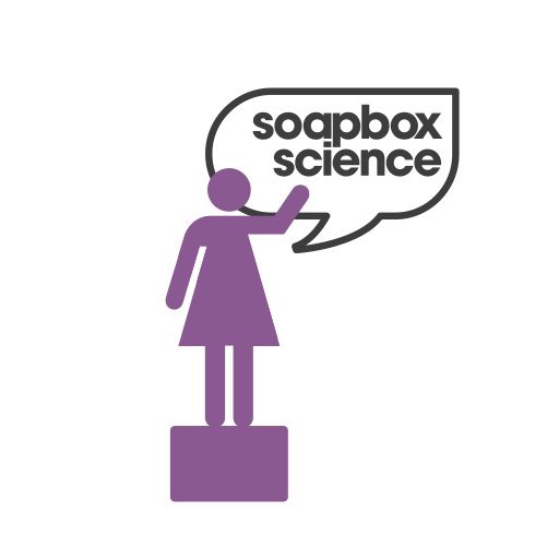 abstract purple female figure standing on box talking