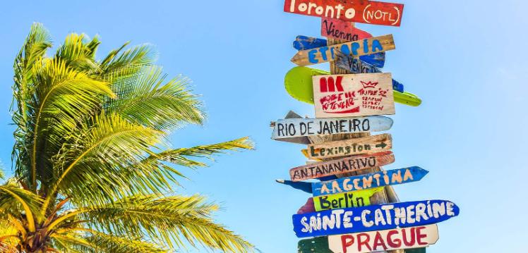 Image of a signpost to destinations around the world