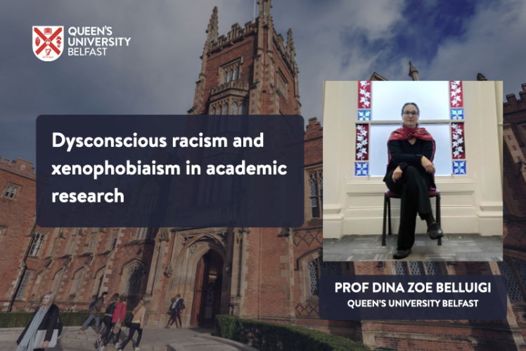 Title flyer for blog post by Professor Dina Zoe Belluigi. Prof Belluigi seated in front of stained glass window.