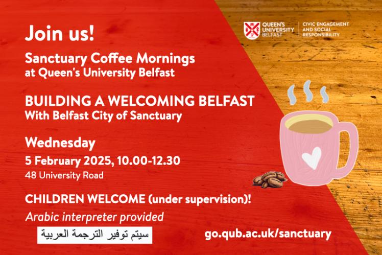 Flyer for event with dates and details, on tabletop with red overlay and image of steaming coffee mug