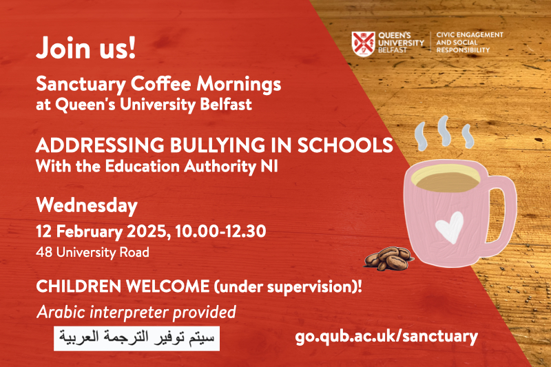 Flyer for Sanctuary Coffee Morning, with dates and details, on tabletop with red overlay and an image of a steaming coffee cup