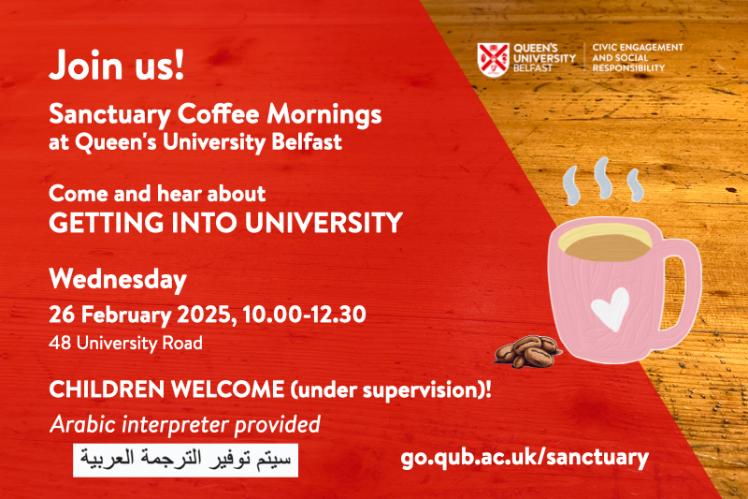 Flyer for event with dates and details, on tabletop with red overlay and image of steaming coffee mug