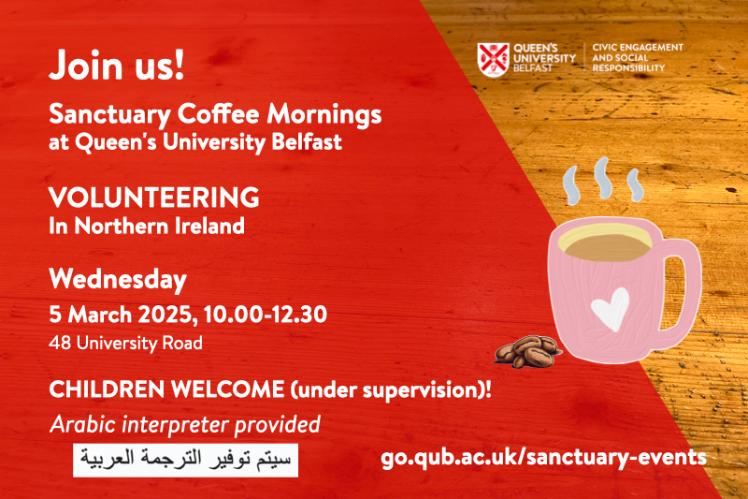 Flyer for Sanctuary Coffee Morning, on red background with image of steaming coffee cup and coffee beans