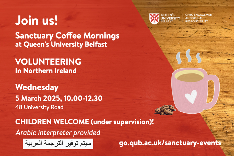 Flyer for Sanctuary Coffee Morning, on red background with image of steaming coffee cup and coffee beans