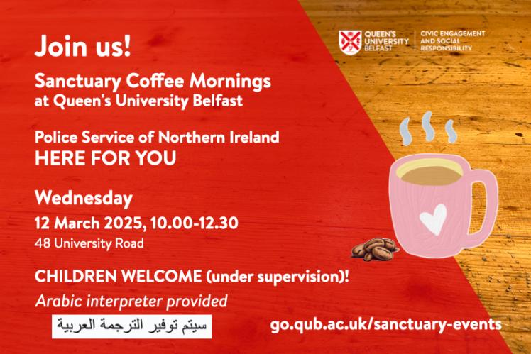 Flyer for Sanctuary Coffee Morning, on red background with image of steaming coffee cup and coffee beans