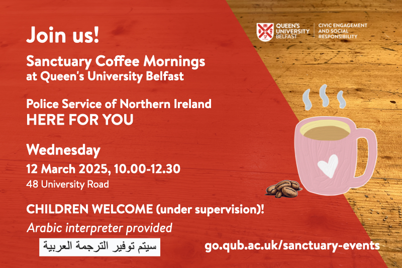 Flyer for Sanctuary Coffee Morning, on red background with image of steaming coffee cup and coffee beans