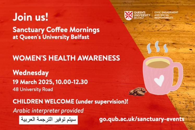 Flyer for Sanctuary Coffee Morning, on red background with image of steaming coffee cup and coffee beans