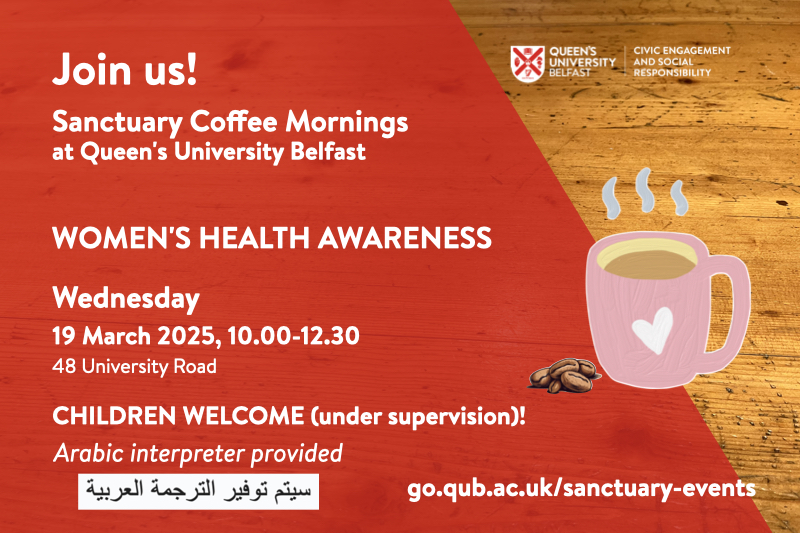 Flyer for Sanctuary Coffee Morning, on red background with image of steaming coffee cup and coffee beans