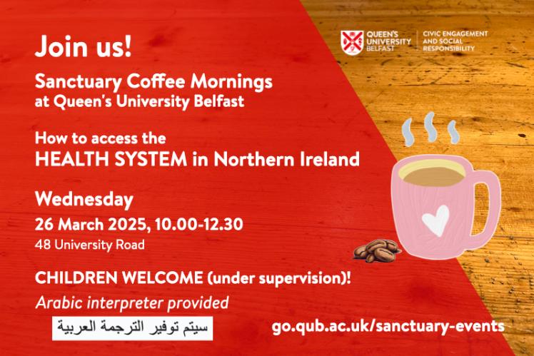 Flyer for Sanctuary Coffee Morning, on red background with image of steaming coffee cup and coffee beans