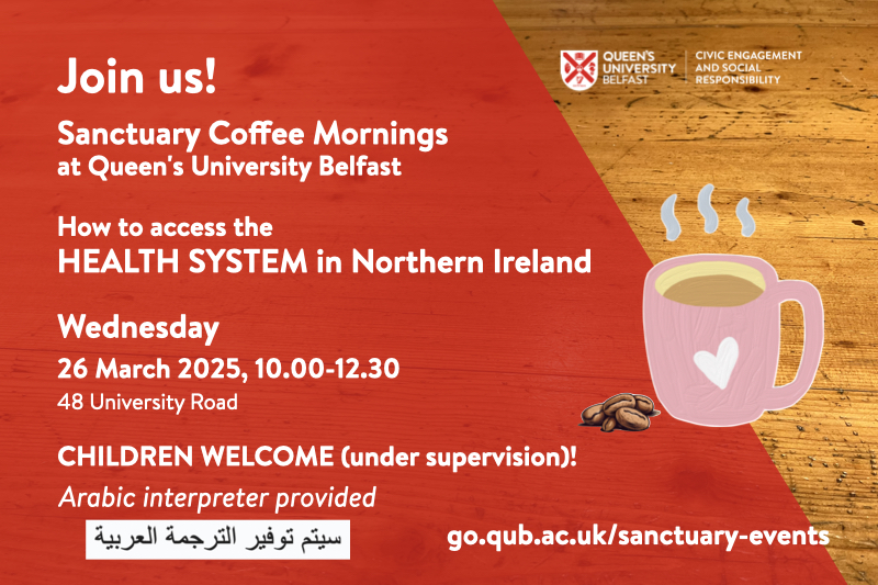 Flyer for Sanctuary Coffee Morning, on red background with image of steaming coffee cup and coffee beans