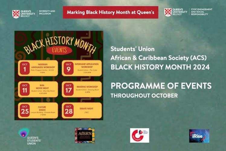 Students' Union BHM programme flyer, with titles of the events in orange and black, on a blue sky background.