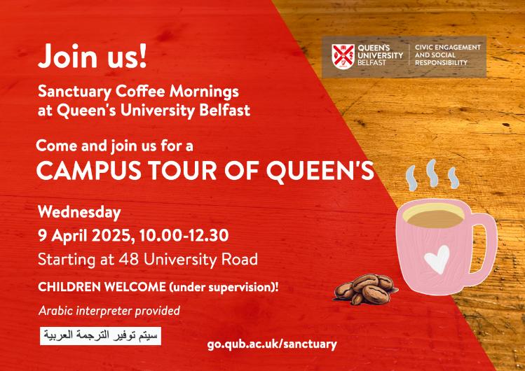 Flyer for Sanctuary Coffee Morning, on red background, with image of coffee beans and steaming mug on a table top