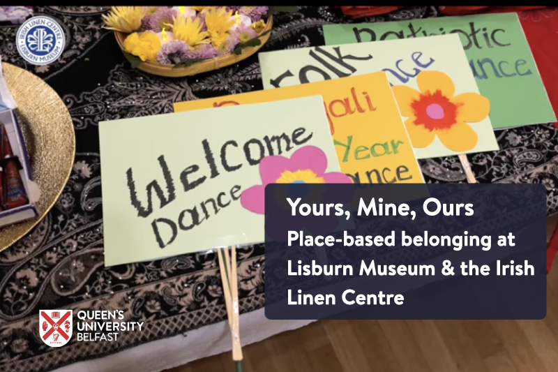 Images of welcome posters, with flowers and colourful fabrics