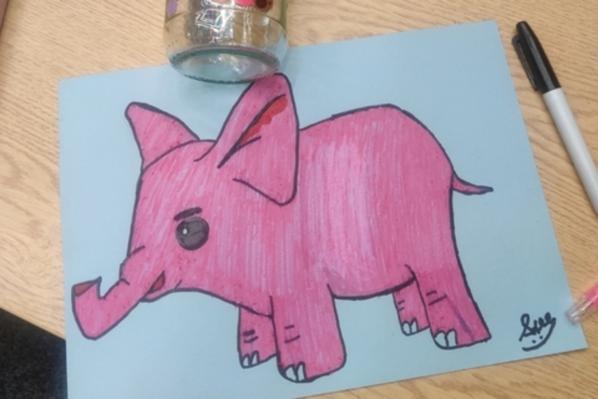 Elephant drawing, coloured pink