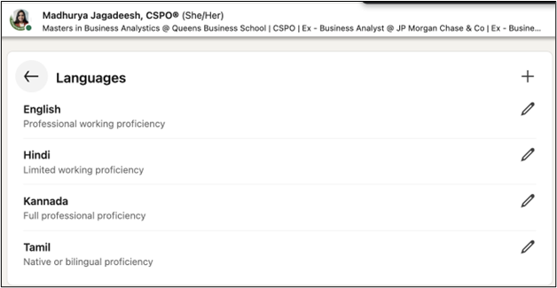 Madhurya LinkedIn languages section