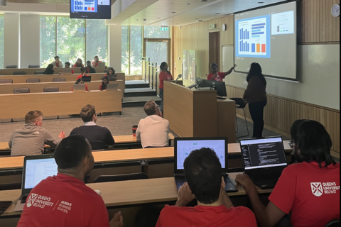 Student Madhurya presenting at QUB hackathon