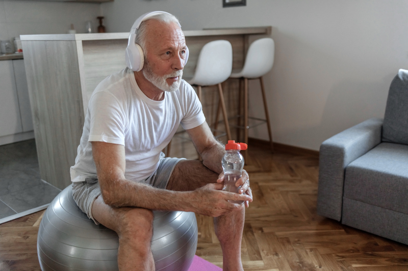 Man sitting on exercise ball with headphones on