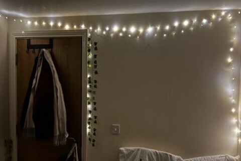 Fairy lights hanging on wall in student accommodation