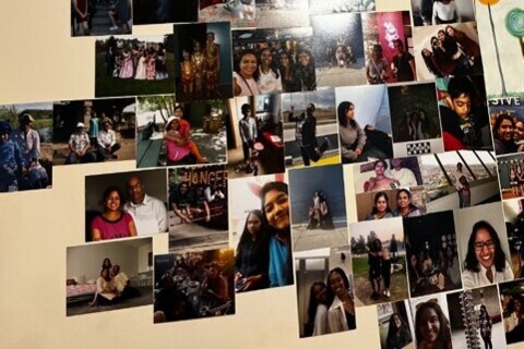 Student Manasa's pin board of photos in her accommodation