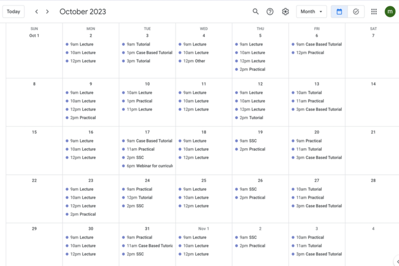 Medicine student typical timetable