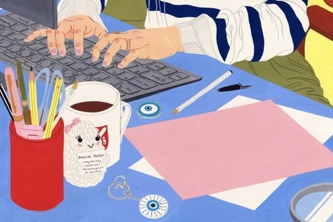 Painting of Queen's staff member typing at laptop