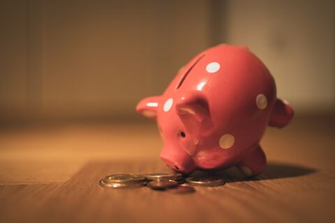 Pink piggy bank with notes and coins on either side