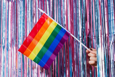 Hand holding pride flag