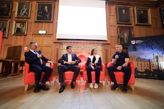 Compêre, BBC News Correspondent, Mark Simpson is pictured alongside (left to right) Olympian's Philip Doyle (Team Ireland) and Rebecca Edwards (Team GB) and Armagh GAA Manager, Kieran McGeeney