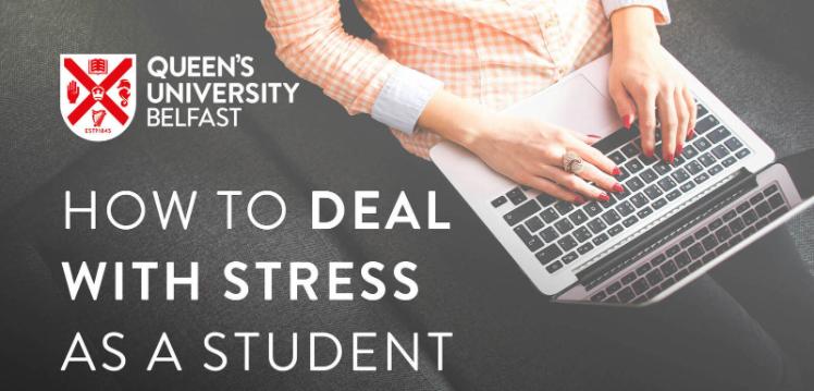 Student sitting on chair with laptop on their lap - how to deal with stress as a student labelled over it